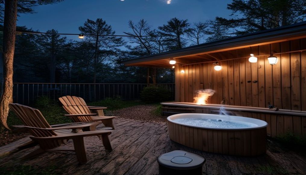 Private back porch hot tub at night
